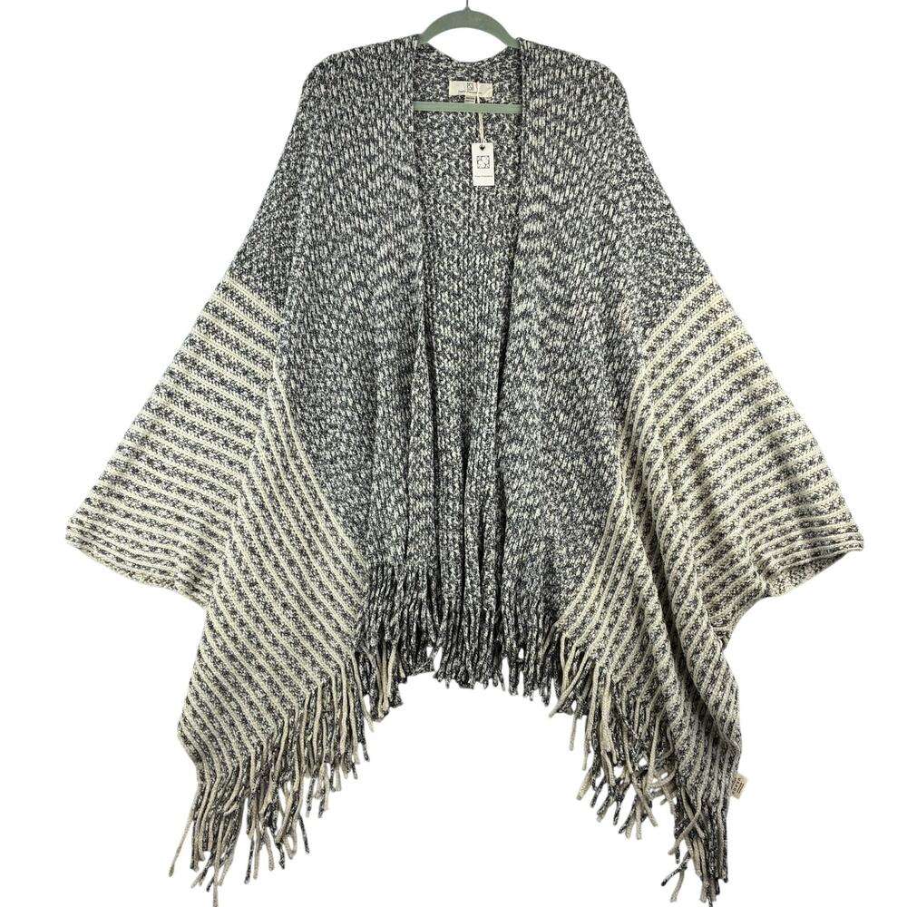 Pretty Persuasions Chenille Shawl Cape Grey Stripe Fringe Women's One Size NWT